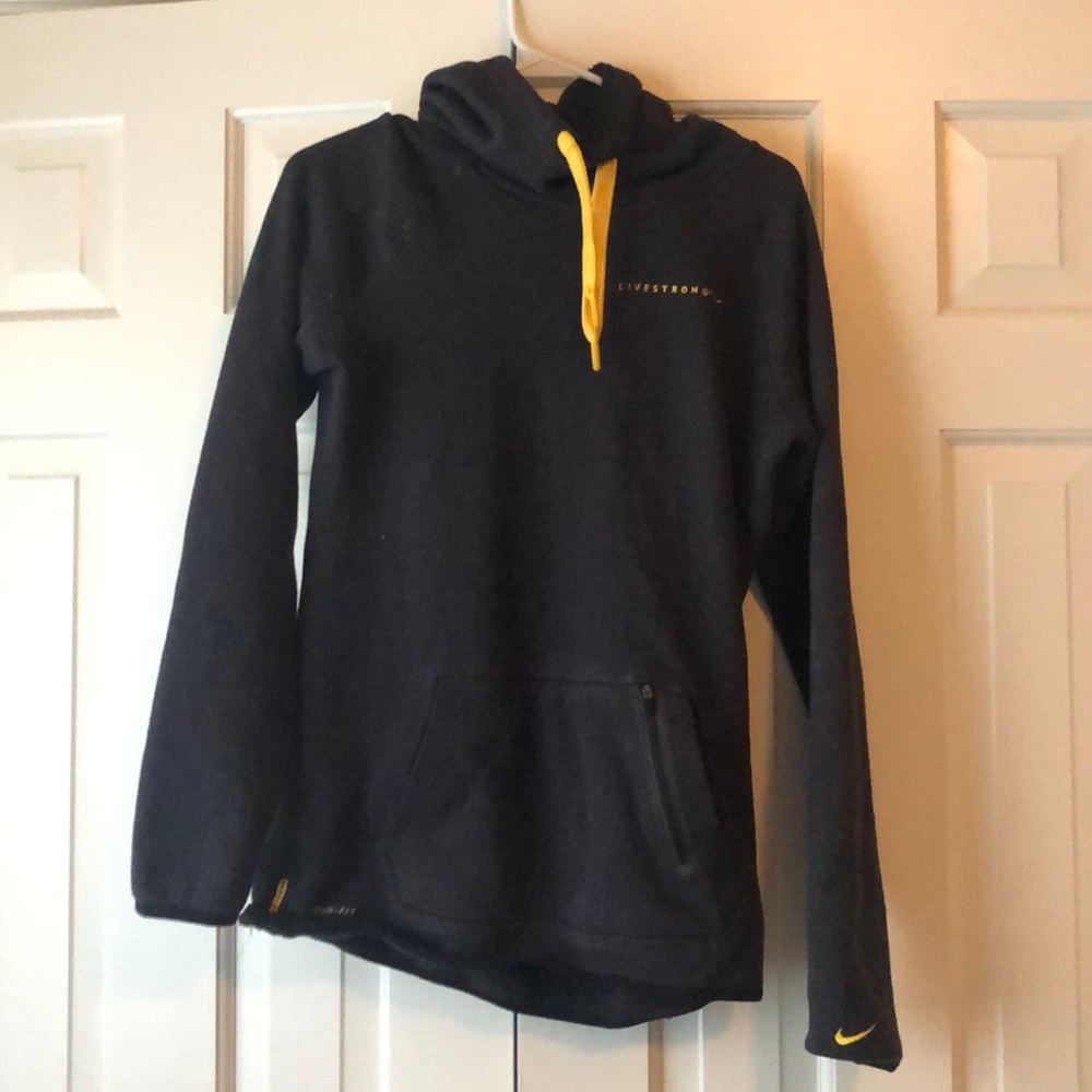 Grey, with yellow detail, “live strong” hoodie